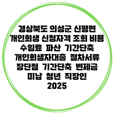 경상북도 의성군 신평면 개인회생 신청자격 조회 비용 수임료 | 파산 | 기간단축 | 개인회생자대출 | 절차서류 | 장단점 | 기간단축 | 변제금 미납 | 청년 | 직장인 2025